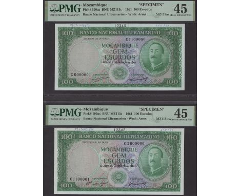 Banco Nacional Ultramarino, Mozambique, printers archival specimens for 100 Escudos (3), 27 March 1961, serial number ranges 
