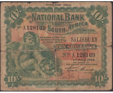 National Bank of South Africa, Rhodesian Issue, 10 Shillings, 1 July 1922, serial number A 128169, one printed and one manusc