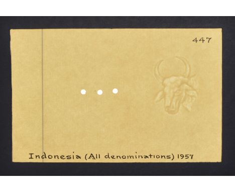 Bank Indonesia, watermarked paper as used on all denominations of the issue of 1958, showing a water buffalo, glued into blue