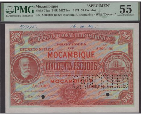 Banco Nacional Ultramarino, Mozambique, specimen 50 Escudos, 1 January 1921, serial number A000000, with Decreto number, larg