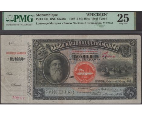 Banco Nacional Ultramarino, Mozambique, specimen 5 Mil Reis, 2 January 1908, red manuscript serial number 00000, Alfredo Mend