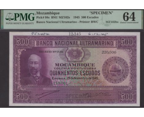 Banco Nacional Ultramarino, Mozambique, printers archival specimens for 500 Escudos (2), 29 November 1945, serial number rang