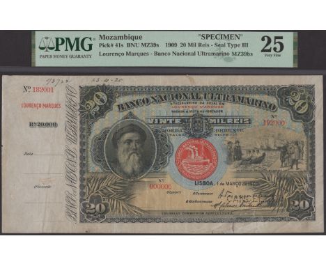 Banco Nacional Ultramarino, Mozambique, printers archival specimen 20 Mil Reis, 1 March 1909, serial number range 182001 to 1