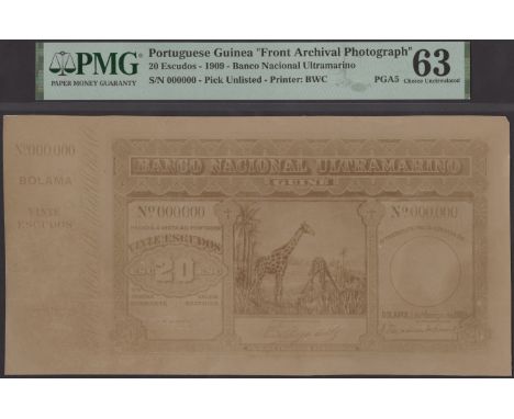 Banco Nacional Ultramarino, Portuguese Guinea, obverse and reverse sepia photographs showing designs for an unadopted 20 Escu