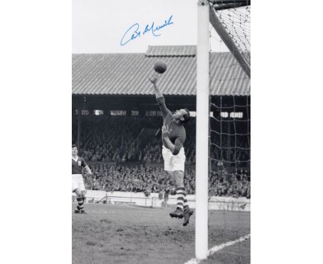 Autographed GIL MERRICK 12 x 8 photo B/W, depicting the Birmingham City goalkeeper making a fingertip save against Chelsea du