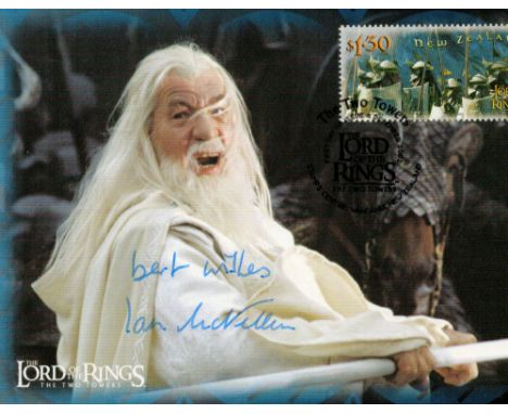 Ian McKellen, a signed Lord of the Rings: The Two Towers New Zealand unused postcard. Postmarked 4th. Dec. 2002 with LOTRs st