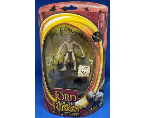 Lord Of the Rings Actor, Andy Serkis signed Gollum action figure box. This beautiful figure box is signed in black marker pen