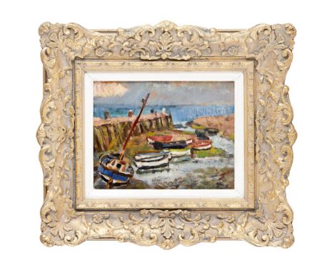GEORGE LESLIE HUNTER (SCOTTISH 1877-1931)  FISHING BOATS LOW TIDE   Signed, oil on panel  21cm x 27cm (8.25in x 10.5in) Note: