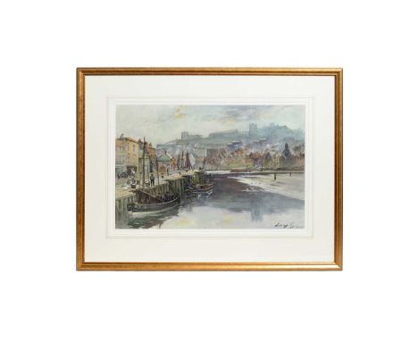 Thomas Swift Hutton(1860-1935)Whitby Harbour,signed and dated 1923,watercolour,35 x 54.5cms, in frame.