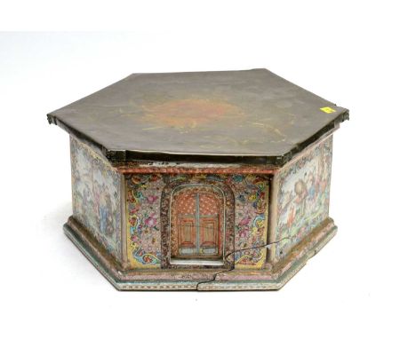 A Chinese famille rose hexagonal pedestal base, Qianlong, one side with recessed temple door, painted with panels of figures 