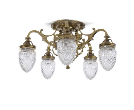 RMS Olympic interest: a fine brass five branch ceiling light fitting, of scrolling form with cut glass 'acorn' shades, 60cms 