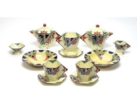 A rare Maling Art Deco 'Anzac' pattern composite tea service, comprising: Two teapots, large and small jug, sucrier, two cups