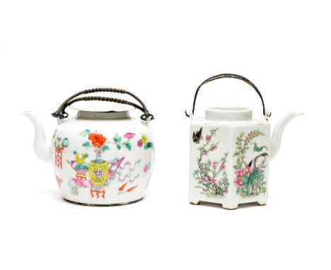 A Chinese famille rose tea kettle, early 20th century, decorated with antiques and flowers, bronzed wire handlers, seal mark 