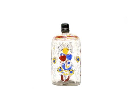 An 18th-century Bohemian enamelled glass flask, of canted rectangular section, decorated with white doves, flowers and hearts