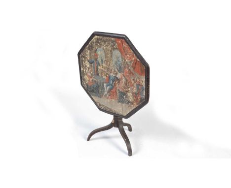 A Georgian ebonised and painted tilt-action occasional table, the octagonal top with a hand-painted medieval scene of figures