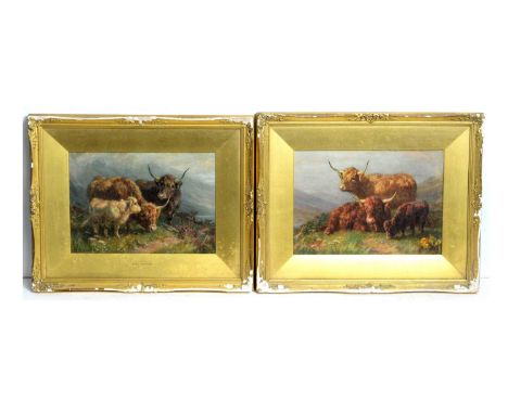 William R. C. Watson(1866-1921)"Loch Long"; a pair of Highland Cow family groups,signed,watercolour,each 24 x 34cms, in unifo