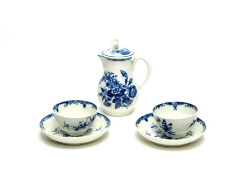 A pair of Worcester Mansfield pattern tea bowls and saucers, circa 1770, open crescent marks; and a Worcester sparrow beak ju