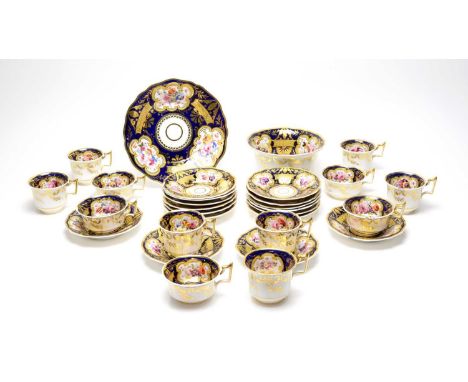 A John and William Ridgway part tea and coffee service, circa 1815, each piece decorated in pattern 2/1638, with lobed panels