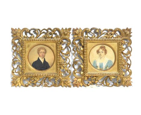 19th Century British SchoolPortrait miniature pair depicting a young husband and wife, circa 1830,waterccolour,9 x 9cms, in u