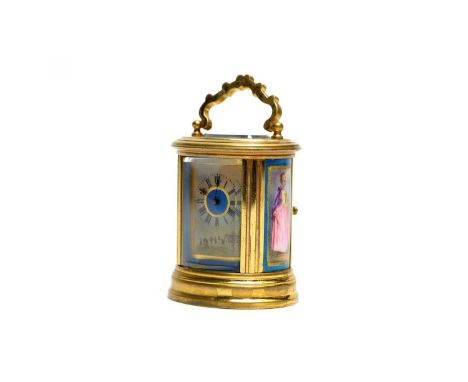 A French miniature brass and porcelain oval carriage clock, late 19th Century, the movement with a platform lever escapement,