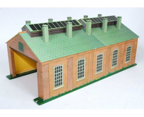 A very well made, neat and tidy repro Hornby No. 2 engine shed, all wood and card with computer generated printing. No doors 