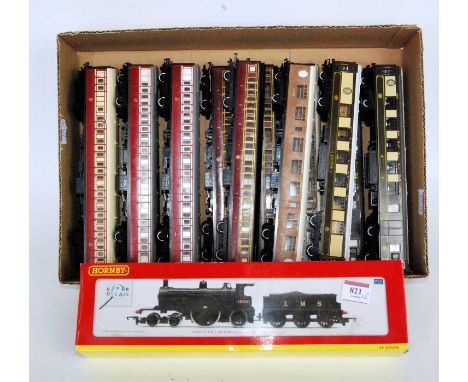 Tray containing 15 Triang and Hornby coaches, 6 Caledonian, 3 similar LMS, 2 Thompson teak and 4 second series Pullman cars (