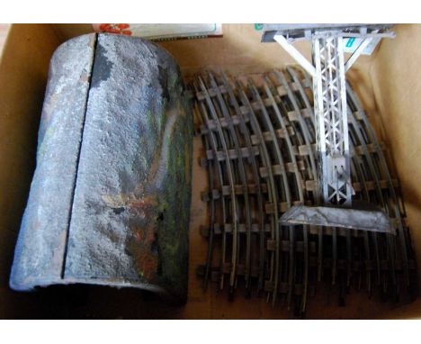 Two trays and a box containing quantity of continental outline accessories, etc including Marklin station building (F), Bing 