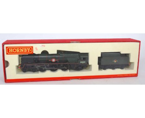 Hornby rebuilt Merchant Navy class engine and tender renamed/renumbered as 35009 'Shaw Savill' in red storage drawer ex Orien