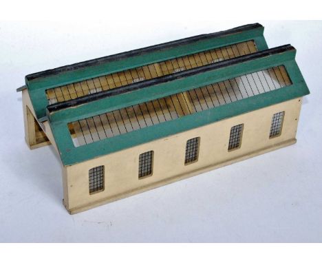 A Hornby Dublo pre-war wooden 2 road engine shed, a few blemishes but good for age (G)