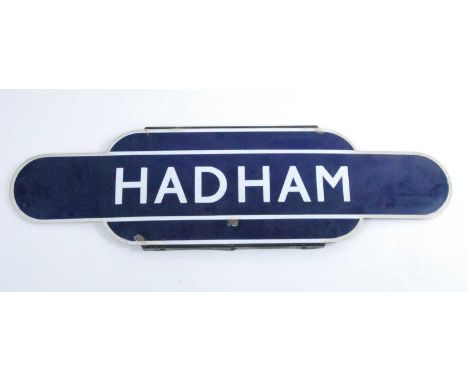 A BR Eastern Region "Hadham" half flanged totem sign, white on blue example, some minor overpainting and restoration to front