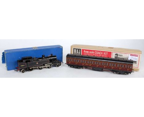 An LMS fully lined suburban 3rd class coach built from a MAJ kit (G), and sold with a BR black, white metal kit built tank en