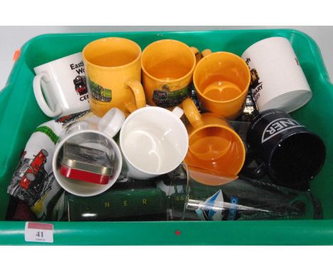 One box containing a large quantity of various railway related collectables, to include ceramic mugs, glassware, biscuit tins