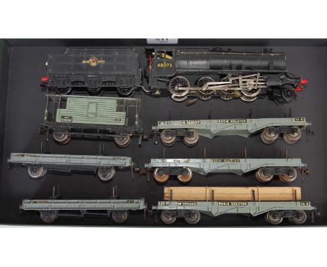 Hornby Dublo No. 48073 class 8F engine and tender converted for 3-rail running, some paint loss to raised edges (G) and sold 