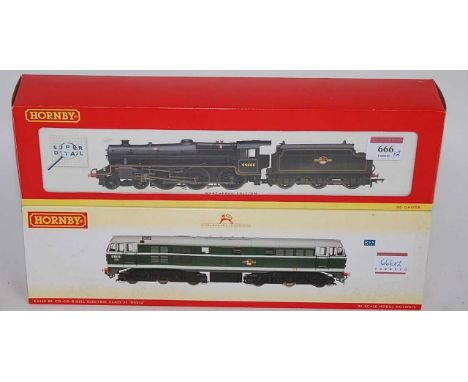 A Hornby R2382 factory weathered BR lined black class 5 engine and tender No. 44666 (NM-BNM), together with a R2420 BR green 