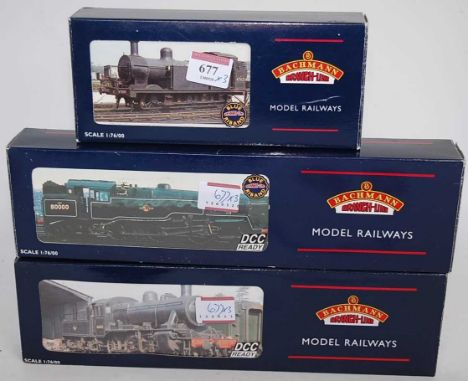 3 Bachmann BR black locomotives 32-226 Jinty tank No. 47354 (G-BG), 32-357 standard class 2-6-4 tank (G-BG), and 32-829 Ivatt