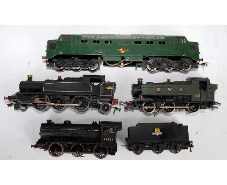 4 locomotives all converted for 3-rail running: Dublo green Co-Co diesel (a/f/), Lima pannier tank engine, prairie tank engin