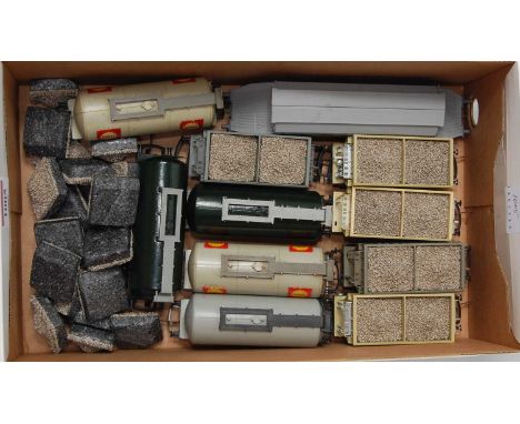 Shoebox containing 00 wagons and loads: 5 Lima stone wagons (Yeoman, Amey, Tarmac) all with loads plus 20 extra loads; 4 long