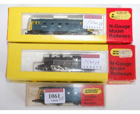 3 Hornby Trix N gauge locomotives, BR lined black 2-6-2 tank engine in wrong box (G-BP), BR blue class 27 diesel locomotive (