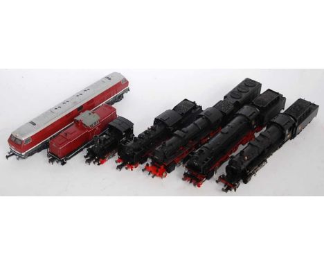 5 steam and 2 diesel locomotives of H0 continental outline, most items in DB liveries, by mixed makers including Fleischmann,