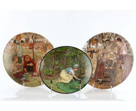 Manner of Walter Crane for Minton Three Aesthetic Movement plates one definitely after a design by Walter Crane impressed 'Mi