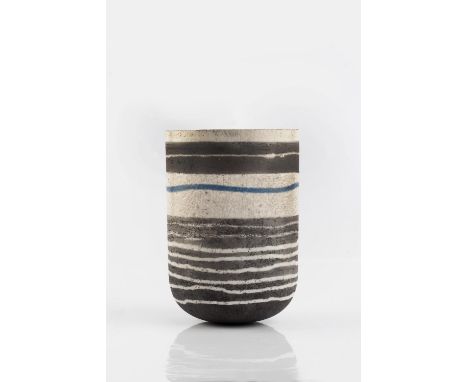 Robin Welch (b.1936) Vase raku, with bands of grey and blue 20cm high.