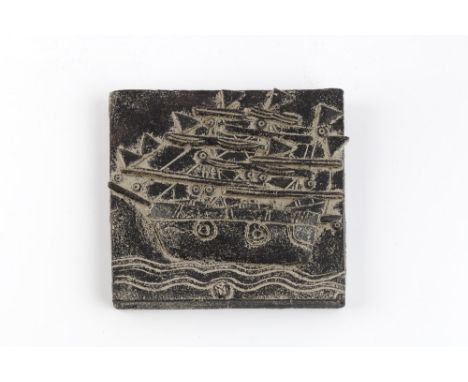 John Maltby (b.1936) 'Galleon' tile signed and impressed potter's seal 16.5cm x 16.5cm.