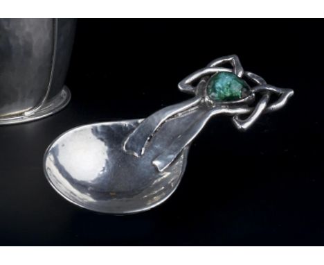 Omar Ramsden (1873-1939) and Alwyn Carr (1872-1940) Arts & Crafts silver caddy spoon hammered bowl, sinuous openwork finial c
