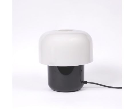 Harvey Guzzini  Table lamp black plastic with opaque shade stamped 'Harvey Guzzini Design Studio' 22cm diameter.