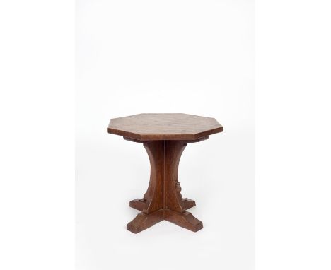 Robert Thompson of Kilburn (1876-1955) Mouseman occasional table oak, octagonal carved mouse 46.7cm high, 50cm across.