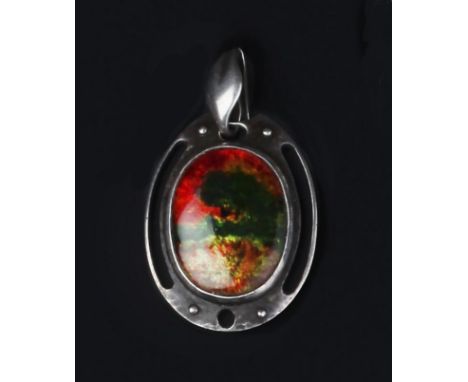 Murrle, Bennett & Co.  Pendant oval form with pierced and studded decoration enclosing enamel panel of landscape scene height