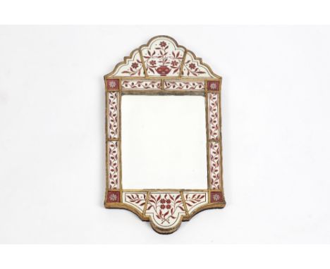 James Powell & Sons Mirror, circa 1870s white and red painted glass, with bevelled glass mirror 65.5cm x 35cm. Literature: We