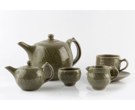 Derek Emms (1929-2004) Teapot and a miniature tea set celadon  including miniature teapot, sugar bowl, jug and teacup and sau