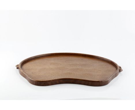 Robert Thompson of Kilburn (1876-1955) Mouseman tray oak carved two mice 47cm across.