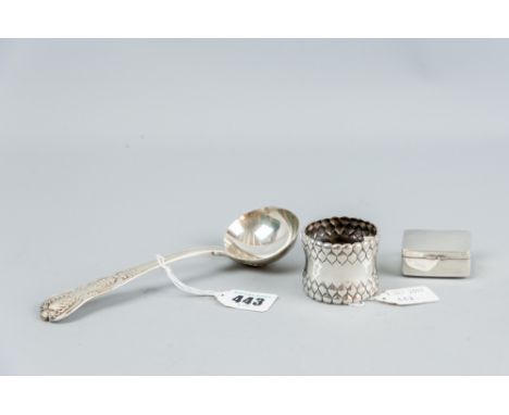 A shell handled silver sauce ladle, 3.2 ozs, London 1828, a silver napkin ring by Tiffany, 1.4 ozs and a small plain sterling